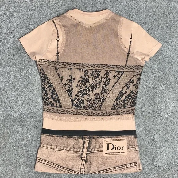 S VTG Y2k AUTH Christian Dior 2006 Trompe L'oeil Denim Lace Tee Shirt Logo Top - Picture 10 of 15